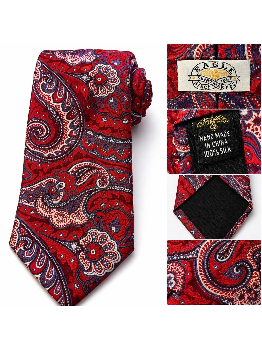 Eagle Neckwear Silk Tie Red Paisley USA Made Classic Mens Necktie